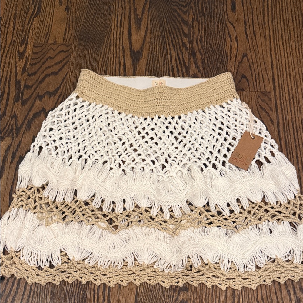 Surf Gypsy Cream and Tan Crochet Fringe Mini Skirt